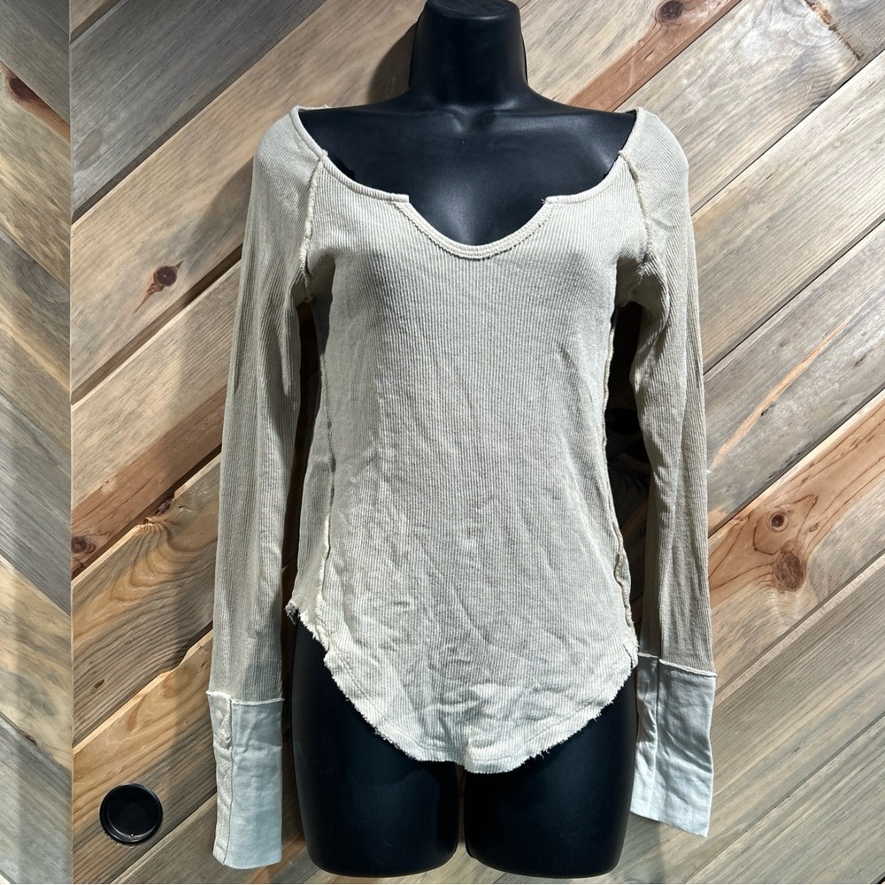 Free People Ribbed Mixed Media Cuff Inside Out Stitch  Raw Hem Long Sleeve Top S